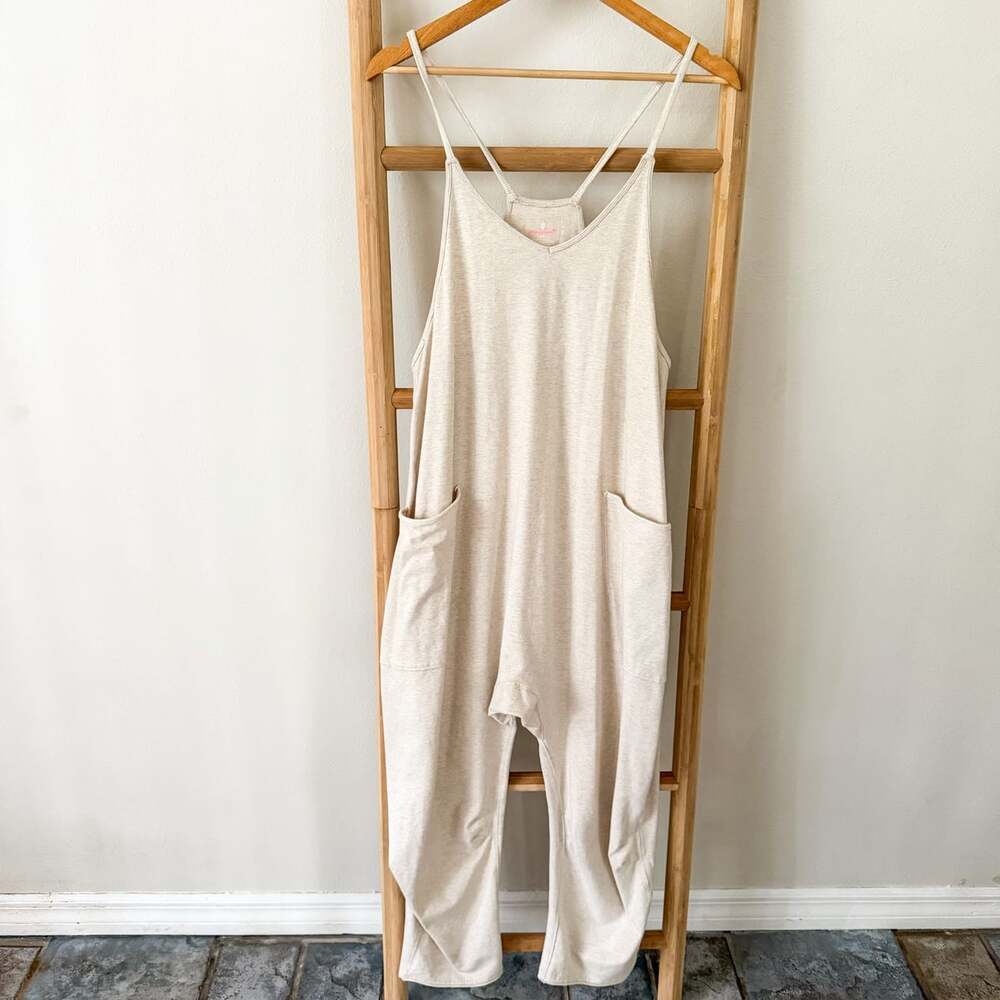 Free People Movement Hot Shot Jumpsuit Small Oatmeal Harem Overalls Cotton - Picture 2 of 12